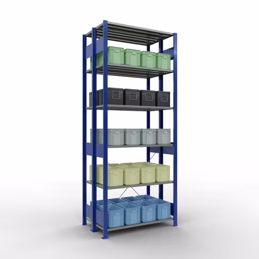 Grundregal, Doppelregal, Fachbodenregal Stecksystem MULTIplus150, 2500 x 1000 x (2x300) mm (HxBxT), 2x6 Fachböden, Kreuzstrebe, RAL 5010 enzianblau von Schulte Lagertechnik mit der Artikelnr. 32731-B