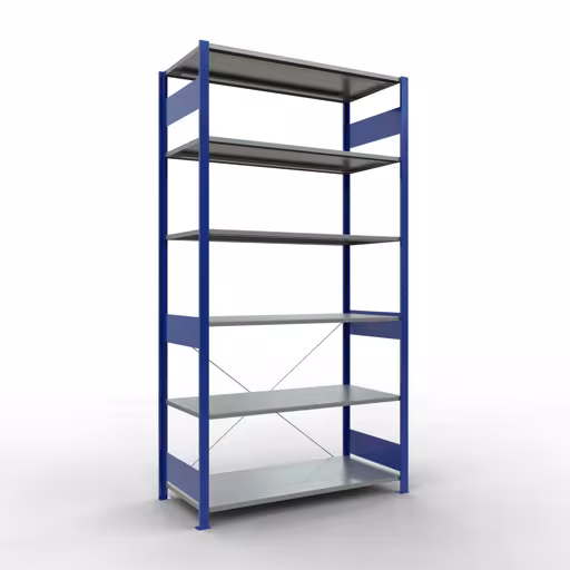 Grundregal, Fachbodenregal Stecksystem MULTIplus150, 2500 x 1300 x 600 mm (HxBxT), 6 Fachböden, Kreuzstrebe, RAL 5010 enzianblau/verzinkt aus der Kategorie Grundregal mit der Artikelnummer 12761-130-B