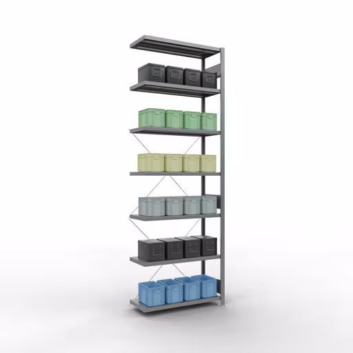 Anbauregal, Fachbodenregal Stecksystem MULTIplus330, 3000 x 1000 x 400 mm (HxBxT), 7 Fachböden, Kreuzstrebe, verzinkt von Schulte Lagertechnik mit der Artikelnr. 13947