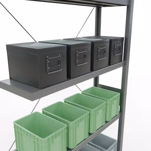 Andere Ansicht des Artikels Anbauregal, Fachbodenregal Stecksystem MULTIplus250, 3000 x 1000 x 300 mm (HxBxT), 7 Fachböden, Kreuzstrebe, verzinkt aus der Kategorie Stecksystem