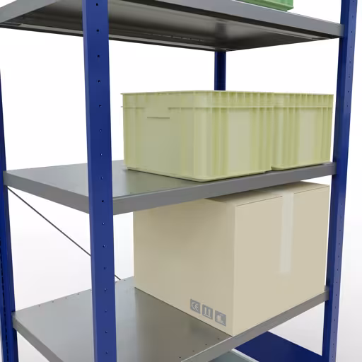 Andere Ansicht des Artikels Grundregal, Fachbodenregal Stecksystem MULTIplus250, 2000 x 1000 x 600 mm (HxBxT), 5 Fachböden, Kreuzstrebe, RAL 5010 enzianblau/verzinkt aus der Kategorie Stecksystem