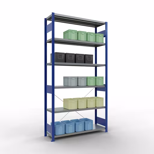 Produktbild Nr 14 des Artikels Grundregal, Fachbodenregal Stecksystem MULTIplus250, 2500 x 1300 x 400 mm (HxBxT), 6 Fachböden, Kreuzstrebe, RAL 5010 enzianblau/verzinkt Abbildung Nr 14 des Artikels Grundregal, Fachbodenregal Stecksystem MULTIplus250, 2500 x 1300 x 400 mm (HxBxT), 6 Fachböden, Kreuzstrebe, RAL 5010 enzianblau/verzinkt aus der Produktgruppe Stecksystem von der Marke Schulte Lagertechnik