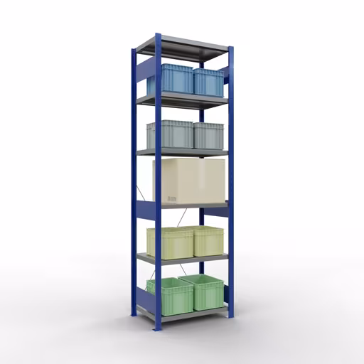 Grundregal, Fachbodenregal Stecksystem MULTIplus250, 2500 x 750 x 500 mm (HxBxT), 6 Fachböden, Kreuzstrebe, RAL 5010 enzianblau/verzinkt/verzinkt von der Marke Schulte Lagertechnik aus der Produktreihe Stecksystem