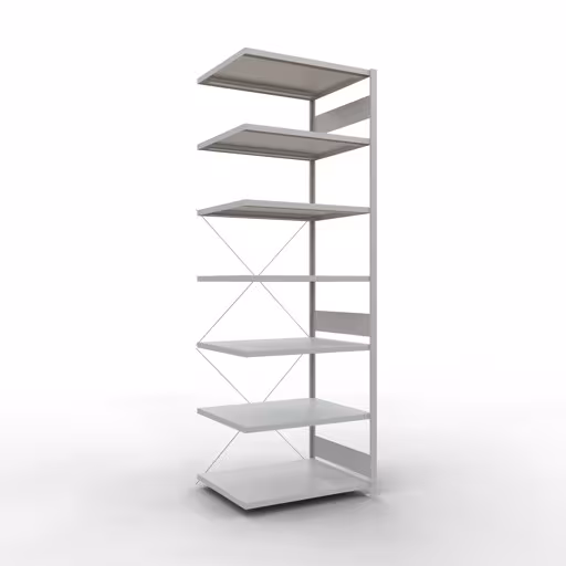 Anbauregal, Fachbodenregal Stecksystem MULTIplus330, 3000 x 1000 x 800 mm (HxBxT), 7 Fachböden, Kreuzstrebe, RAL 7035 lichtgrau aus der Kategorie Anbauregal mit der Artikelnummer 33887