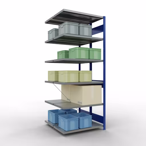 Abbildung Nr 14 des Artikels Anbauregal, Doppelregal, Fachbodenregal Stecksystem MULTIplus250, 2500 x 1000 x (2x500) mm (HxBxT), 2x6 Fachböden, Kreuzstrebe, RAL 5010 enzianblau aus der Produktgruppe Fachbodenregale von der Marke Schulte Lagertechnik