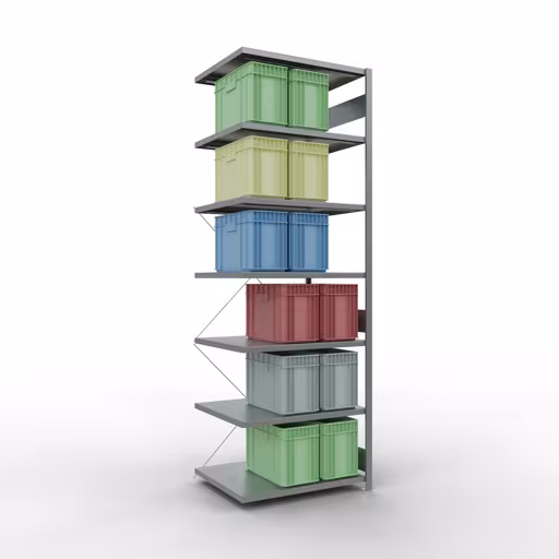 Abbildung Nr 7 des Artikels Anbauregal, Fachbodenregal Stecksystem MULTIplus330, 3000 x 1000 x 800 mm (HxBxT), 7 Fachböden, Kreuzstrebe, verzinkt aus der Produktgruppe Stecksystem von der Marke Schulte Lagertechnik