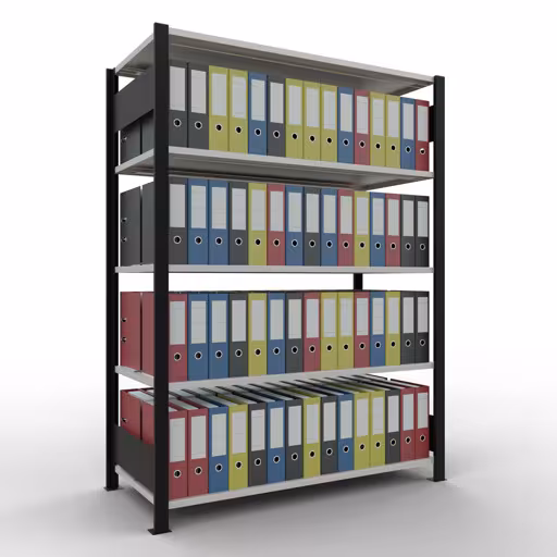 Grundregal, Büro-Fachbodenregal Stecksystem MULTIplus150, 1800 x 1300 x 600 mm (HxBxT), 5 Fachböden, Längenriegel, mit Mittelanschlag, schwarz/lichtgrau von Schulte Lagertechnik mit der Artikelnr. 36038-S