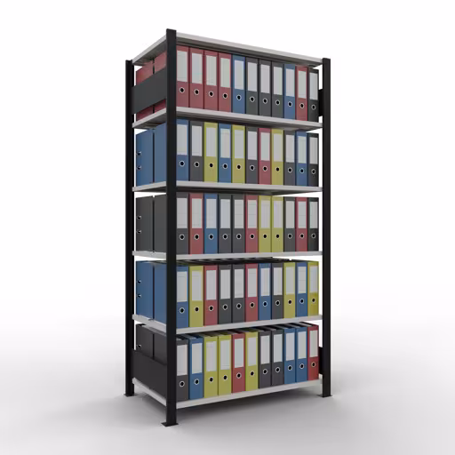 Produktbild Nr 12 des Artikels Grundregal, Büro-Fachbodenregal Stecksystem MULTIplus150, 2000 x 1000 x 600 mm (HxBxT), 6 Fachböden, Längenriegel, mit Mittelanschlag, schwarz/lichtgrau Abbildung Nr 12 des Artikels Grundregal, Büro-Fachbodenregal Stecksystem MULTIplus150, 2000 x 1000 x 600 mm (HxBxT), 6 Fachböden, Längenriegel, mit Mittelanschlag, schwarz/lichtgrau aus der Produktgruppe Büroregale von der Marke Schulte Lagertechnik