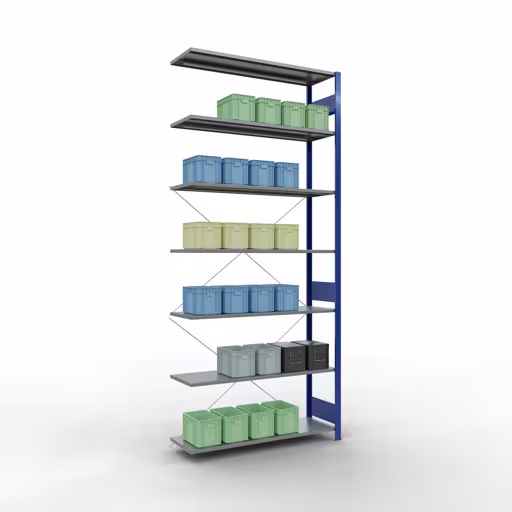 Andere Ansicht des Artikels Anbauregal, Fachbodenregal Stecksystem MULTIplus150, 3000 x 1300 x 400 mm (HxBxT), 7 Fachböden, Kreuzstrebe, RAL 5010 enzianblau/verzinkt aus der Kategorie Stecksystem