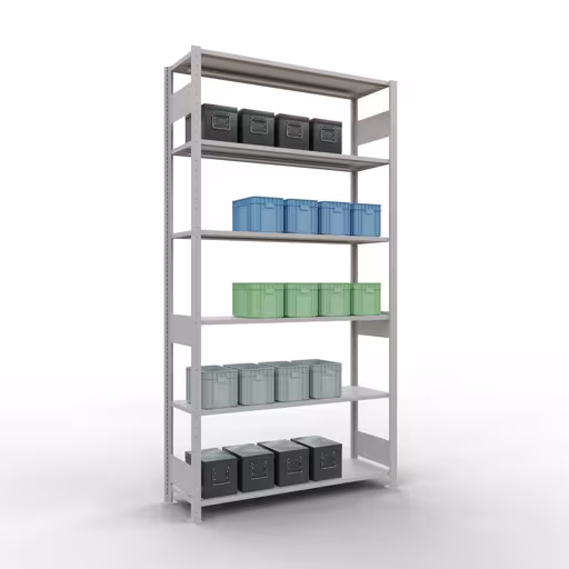 Grundregal, Fachbodenregal Stecksystem MULTIplus150, 2500 x 1300 x 400 mm (HxBxT), 6 Fachböden, Längenriegel, RAL 7035 lichtgrau mit der GTIN 4004514292780 Grundregal, Fachbodenregal Stecksystem MULTIplus150, 2500 x 1300 x 400 mm (HxBxT), 6 Fachböden, Längenriegel, RAL 7035 lichtgrau von Schulte Lagertechnik mit der Artikelnr. 32641-130-LR