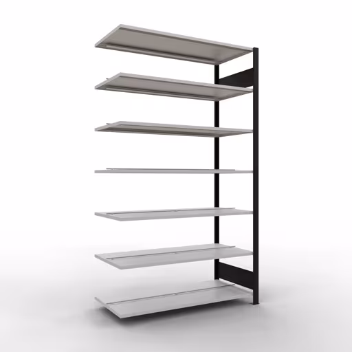 Abbildung Nr 14 des Artikels Anbauregal, Büro-Fachbodenregal Stecksystem MULTIplus150, 2300 x 1300 x 600 mm (HxBxT), 7 Fachböden, Längenriegel, mit Mittelanschlag, schwarz/lichtgrau aus der Produktgruppe Büroregale von der Marke Schulte Lagertechnik
