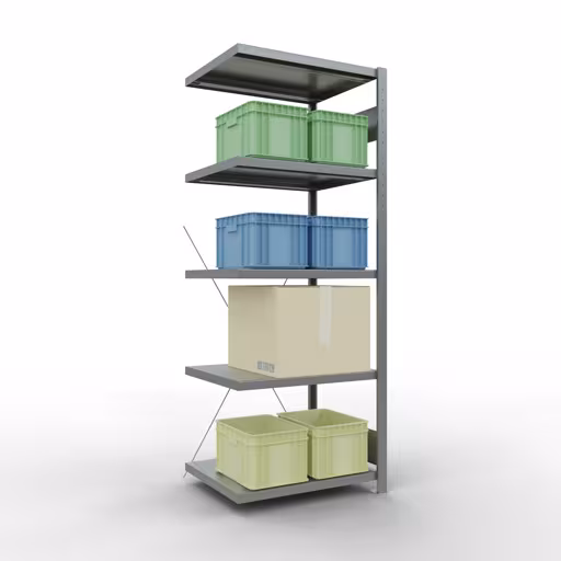 Produktbild Nr 14 des Artikels Anbauregal, Fachbodenregal Stecksystem MULTIplus250, 2000 x 750 x 600 mm (HxBxT), 5 Fachböden, Kreuzstrebe, verzinkt Abbildung Nr 14 des Artikels Anbauregal, Fachbodenregal Stecksystem MULTIplus250, 2000 x 750 x 600 mm (HxBxT), 5 Fachböden, Kreuzstrebe, verzinkt aus der Produktgruppe Stecksystem von der Marke Schulte Lagertechnik