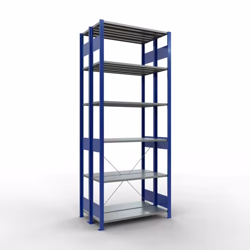 Grundregal, Doppelregal, Fachbodenregal Stecksystem MULTIplus150, 2500 x 1000 x (2x300) mm (HxBxT), 2x6 Fachböden, Kreuzstrebe, RAL 5010 enzianblau aus der Kategorie Doppelregale mit der Artikelnummer 32731-B