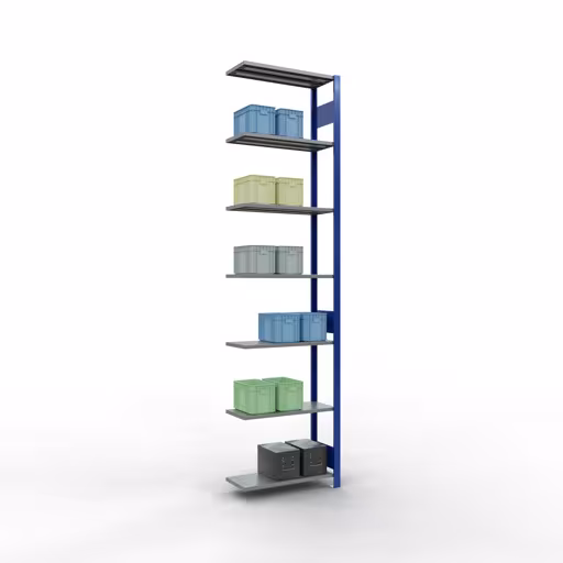 Anbauregal, Fachbodenregal Stecksystem MULTIplus150, 3000 x 750 x 300 mm (HxBxT), 7 Fachböden, Längenriegel, RAL 5010 enzianblau/verzinkt/verzinkt von der Marke Schulte Lagertechnik aus der Produktreihe Stecksystem