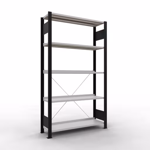 Grundregal, Büro-Fachbodenregal Stecksystem MULTIplus85, 1800 x 1000 x 300 mm (HxBxT), 5 Fachböden, Kreuzstrebe, mit Anschlagleiste, schwarz/lichtgrau von der Marke Schulte Lagertechnik Grundregal, Büro-Fachbodenregal Stecksystem MULTIplus85, 1800 x 1000 x 300 mm (HxBxT), 5 Fachböden, Kreuzstrebe, mit Anschlagleiste, schwarz/lichtgrau aus der Kategorie Stecksystem mit der Artikelnummer 36001-S