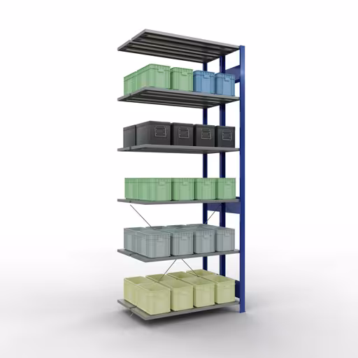Zusatzbild des Artikels Anbauregal, Doppelregal, Fachbodenregal Stecksystem MULTIplus150, 2500 x 1000 x (2x300) mm (HxBxT), 2x6 Fachböden, Kreuzstrebe, RAL 5010 enzianblau aus Doppelregale