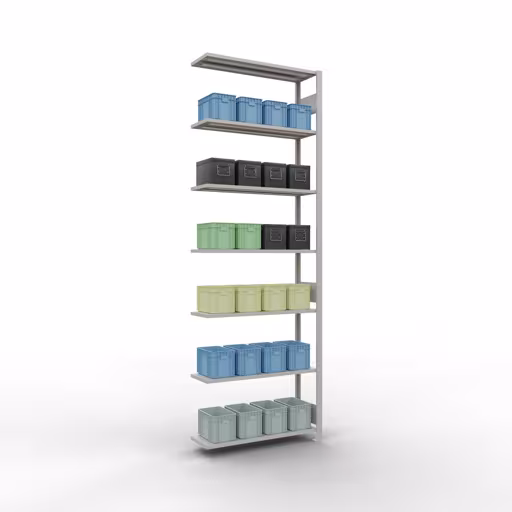 Anbauregal, Fachbodenregal Stecksystem MULTIplus150, 3000 x 1000 x 300 mm (HxBxT), 7 Fachböden, Längenriegel, RAL 7035 lichtgrau von der Marke Schulte Lagertechnik aus der Produktreihe Stecksystem