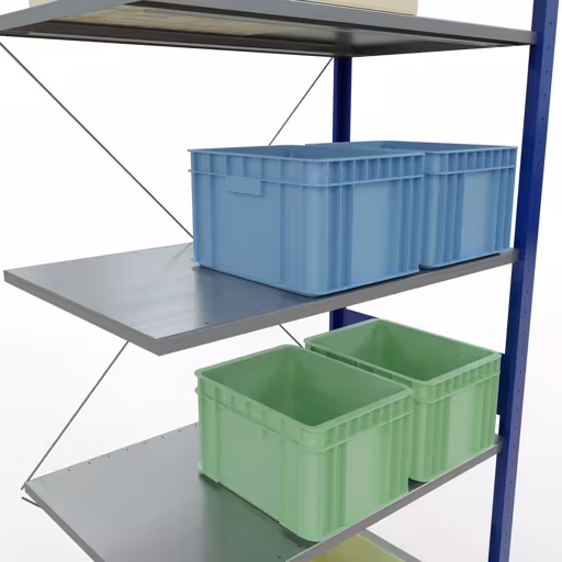 Anbauregal, Fachbodenregal Stecksystem MULTIplus150, 3000 x 1000 x 600 mm (HxBxT), 7 Fachböden, Kreuzstrebe, RAL 5010/verzinkt von Schulte Lagertechnik aus der Kategorie Stecksystem
