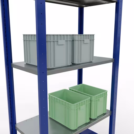 Produktbild Nr.7 des Artikels Grundregal, Fachbodenregal Stecksystem MULTIplus150, 2000 x 750 x 400 mm (HxBxT), 5 Fachböden, Längenriegel, RAL 5010 enzianblau/verzinkt/verzinkt aus der Produktreihe Stecksystem von der Marke Schulte Lagertechnik