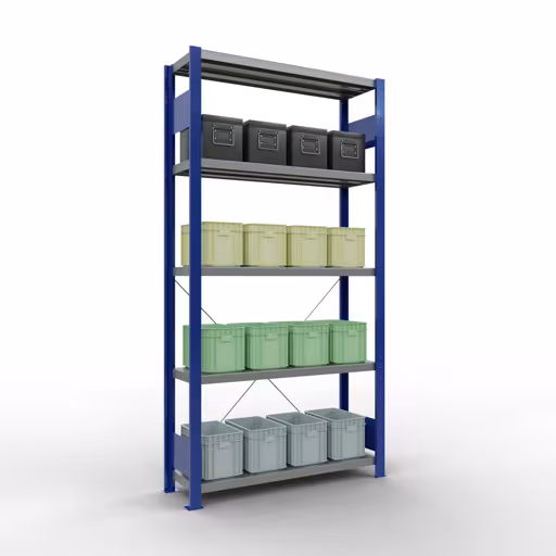 Grundregal, Fachbodenregal Stecksystem MULTIplus330, 2000 x 1000 x 300 mm (HxBxT), 5 Fachböden, Kreuzstrebe, RAL 5010 enzianblau/verzinkt von der Marke Schulte Lagertechnik aus der Produktreihe Stecksystem