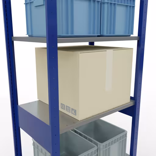 Produktbild Nr.14 des Artikels Grundregal, Fachbodenregal Stecksystem MULTIplus150, 2500 x 750 x 500 mm (HxBxT), 6 Fachböden, Längenriegel, RAL 5010 enzianblau/verzinkt/verzinkt aus der Produktreihe Stecksystem von der Marke Schulte Lagertechnik