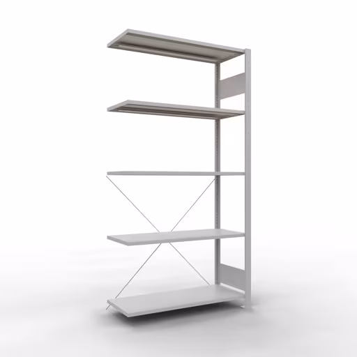 Anbauregal, Fachbodenregal Stecksystem MULTIplus85, 2000 x 1000 x 400 mm (HxBxT), 5 Fachböden, Kreuzstrebe, RAL 7035 lichtgrau aus der Kategorie Anbauregal mit der Artikelnummer 33045