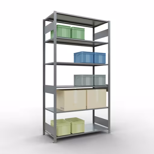 Grundregal, Fachbodenregal Stecksystem MULTIplus150, 2500 x 1300 x 600 mm (HxBxT), 6 Fachböden, Längenriegel, verzinkt von Schulte Lagertechnik mit der Artikelnr. 12761-130-LR
