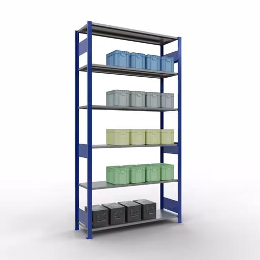 Grundregal, Fachbodenregal Stecksystem MULTIplus150, 2500 x 1300 x 400 mm (HxBxT), 6 Fachböden, Längenriegel, RAL 5010 enzianblau/verzinkt von der Marke Schulte Lagertechnik aus der Produktreihe Stecksystem