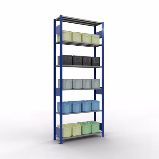 Grundregal, Fachbodenregal Stecksystem MULTIplus150, 2500 x 1000 x 300 mm (HxBxT), 6 Fachböden, Längenriegel, RAL 5010 enzianblau/verzinkt von Schulte Lagertechnik mit der Artikelnr. 12731-LR-B
