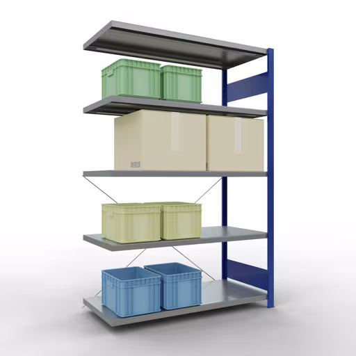 Abbildung Nr 12 des Artikels Anbauregal, Fachbodenregal Stecksystem MULTIplus250, 2000 x 1300 x 600 mm (HxBxT), 5 Fachböden, Kreuzstrebe, RAL 5010 enzianblau/verzinkt aus der Produktgruppe Stecksystem von der Marke Schulte Lagertechnik