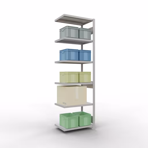 Abbildung Nr 11 des Artikels Anbauregal, Fachbodenregal Stecksystem MULTIplus250, 2500 x 750 x 500 mm (HxBxT), 6 Fachböden, Längenriegel, RAL 7035 lichtgrau aus der Produktgruppe Stecksystem von der Marke Schulte Lagertechnik