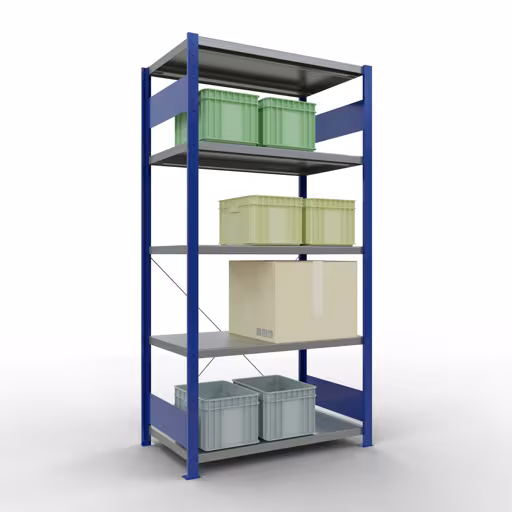Grundregal, Fachbodenregal Stecksystem MULTIplus250, 2000 x 1000 x 600 mm (HxBxT), 5 Fachböden, Kreuzstrebe, RAL 5010 enzianblau/verzinkt von der Marke Schulte Lagertechnik aus der Produktreihe Stecksystem