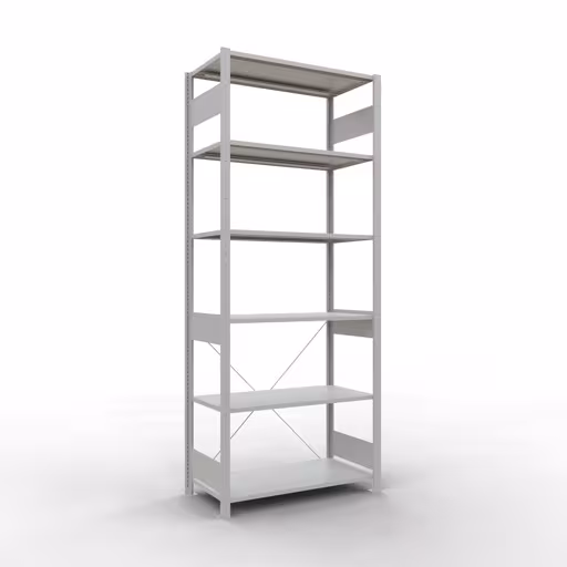 Grundregal, Fachbodenregal Stecksystem MULTIplus85, 2500 x 1000 x 500 mm (HxBxT), 6 Fachböden, Kreuzstrebe, RAL 7035 lichtgrau aus der Kategorie Grundregal mit der Artikelnummer 33051