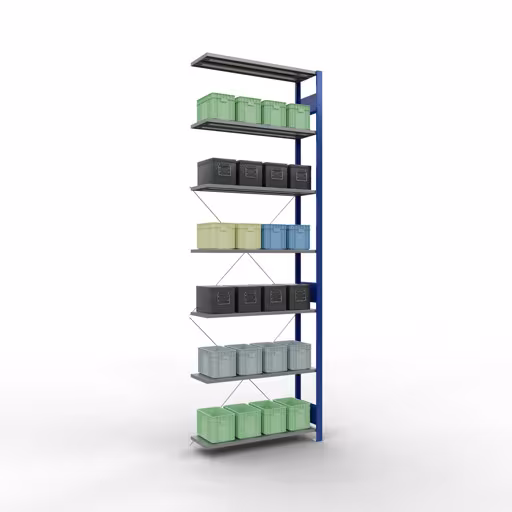 Abbildung Nr 15 des Artikels Anbauregal, Fachbodenregal Stecksystem MULTIplus85, 3000 x 1000 x 300 mm (HxBxT), 7 Fachböden, Kreuzstrebe, RAL 5010 enzianblau aus der Produktgruppe Stecksystem von der Marke Schulte Lagertechnik