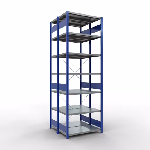 Grundregal, Doppelregal, Fachbodenregal Stecksystem MULTIplus250, 3000 x 1000 x (2x500) mm (HxBxT), 2x7 Fachböden, Kreuzstrebe, enzianblau aus der Kategorie Doppelregale mit der Artikelnummer 32152-G-B