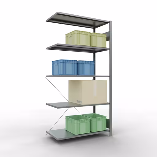 Abbildung Nr 8 des Artikels Anbauregal, Fachbodenregal Stecksystem MULTIplus150, 2000 x 1000 x 500 mm (HxBxT), 5 Fachböden, Kreuzstrebe, verzinkt aus der Produktgruppe Stecksystem von der Marke Schulte Lagertechnik