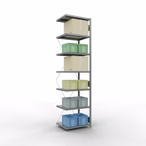 Anbauregal, Fachbodenregal Stecksystem MULTIplus250, 3000 x 750 x 600 mm (HxBxT), 7 Fachböden, Kreuzstrebe, verzinkt von der Marke Schulte Lagertechnik aus der Produktreihe Stecksystem