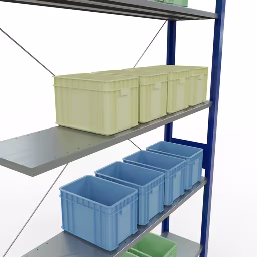 Anbauregal, Fachbodenregal Stecksystem MULTIplus150, 3000 x 1300 x 300 mm (HxBxT), 7 Fachböden, Kreuzstrebe, RAL 5010 enzianblau/verzinkt von Schulte Lagertechnik aus der Kategorie Stecksystem