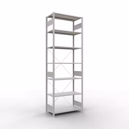 Grundregal, Fachbodenregal Stecksystem MULTIplus150, 3000 x 1000 x 500 mm (HxBxT), 7 Fachböden, Kreuzstrebe, RAL 7035 lichtgrau aus der Kategorie Grundregal mit der Artikelnummer 32652