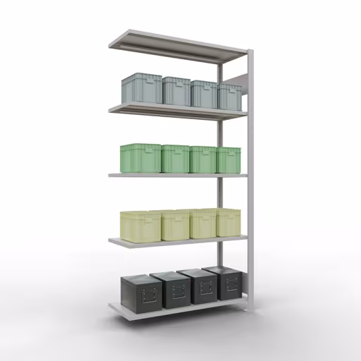 Abbildung Nr 14 des Artikels Anbauregal, Fachbodenregal Stecksystem MULTIplus85, 2000 x 1000 x 400 mm (HxBxT), 5 Fachböden, Längenriegel, RAL 7035 lichtgrau aus der Produktgruppe Stecksystem von der Marke Schulte Lagertechnik