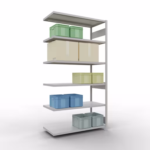 Abbildung Nr 11 des Artikels Anbauregal, Fachbodenregal Stecksystem MULTIplus250, 2500 x 1300 x 600 mm (HxBxT), 6 Fachböden, Längenriegel, RAL 7035 lichtgrau aus der Produktgruppe Stecksystem von der Marke Schulte Lagertechnik
