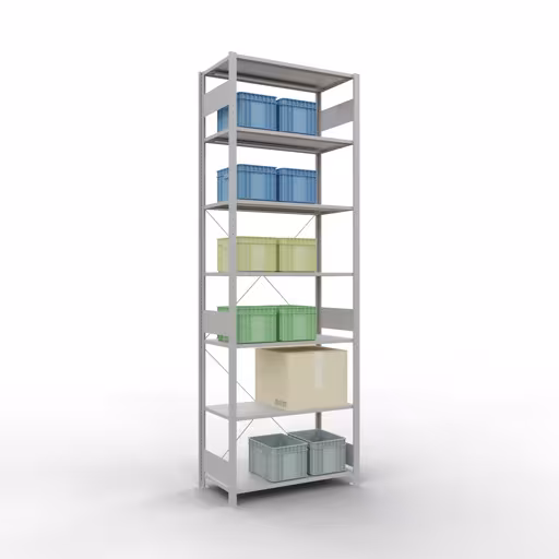 Grundregal, Fachbodenregal Stecksystem MULTIplus150, 3000 x 1000 x 500 mm (HxBxT), 7 Fachböden, Kreuzstrebe, RAL 7035 lichtgrau von der Marke Schulte Lagertechnik aus der Produktreihe Stecksystem