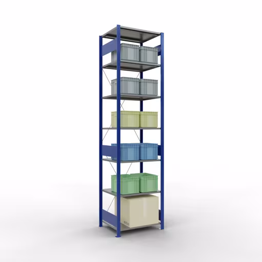 Grundregal, Fachbodenregal Stecksystem MULTIplus150, 3000 x 750 x 600 mm (HxBxT), 7 Fachböden, Kreuzstrebe, RAL 5010 enzianblau/verzinkt/verzinkt von der Marke Schulte Lagertechnik aus der Produktreihe Stecksystem