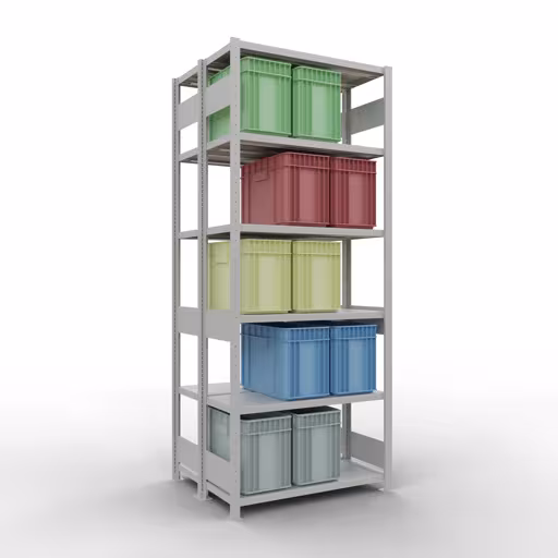 Grundregal, Doppelregal, Fachbodenregal Stecksystem MULTIplus250, 2500 x 1000 x (2x400) mm (HxBxT), 2x6 Fachböden, Längenriegel, RAL 7035 lichtgrau von der Marke Schulte Lagertechnik aus der Produktreihe Fachbodenregale