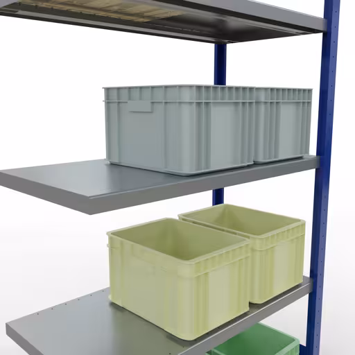 Zusatzbild des Artikels Anbauregal, Fachbodenregal Stecksystem MULTIplus330, 2000 x 1000 x 500 mm (HxBxT), 5 Fachböden, Längenriegel, RAL 5010 enzianblau/verzinkt aus Anbauregal