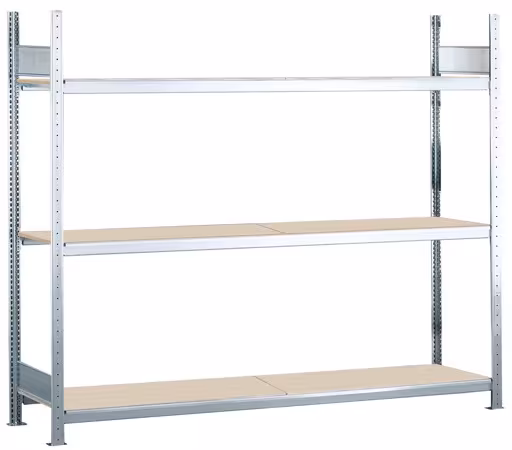 Grundregal, Weitspannregal WS 2000 mit Spanplatten, 2000 x 2000 x 600 mm (HxBxT), verzinkt, 3 Ebenen, Fachlast 400 kg, Feldlast 1.200 kg aus der Kategorie WS2000 für Fachlasten bis 400kg mit der Artikelnummer 15554