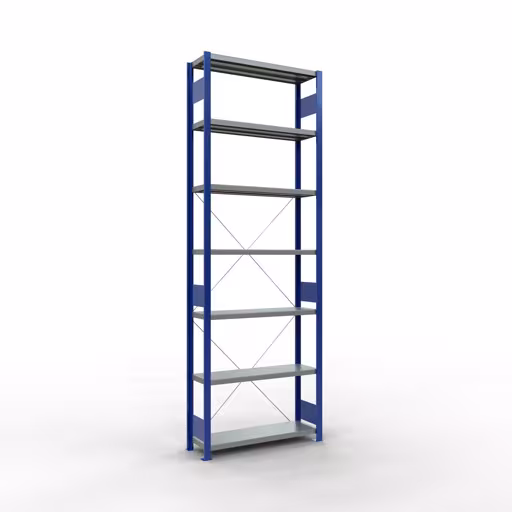 Grundregal, Fachbodenregal Stecksystem MULTIplus330, 3000 x 1000 x 300 mm (HxBxT), 7 Fachböden, Kreuzstrebe, RAL 5010 enzianblau/verzinkt von der Marke Schulte Lagertechnik Grundregal, Fachbodenregal Stecksystem MULTIplus330, 3000 x 1000 x 300 mm (HxBxT), 7 Fachböden, Kreuzstrebe, RAL 5010 enzianblau/verzinkt aus der Kategorie Grundregal mit der Artikelnummer 13932-B