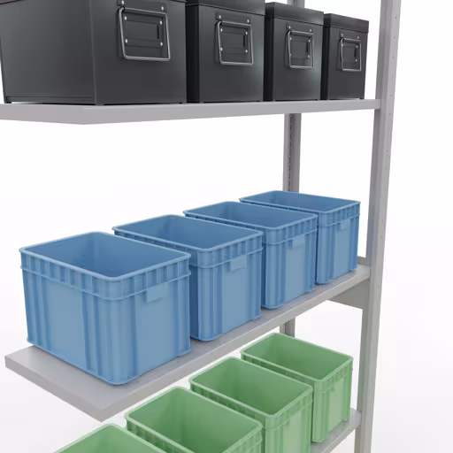 Produktbild Nr.15 des Artikels Anbauregal, Fachbodenregal Stecksystem MULTIplus150, 2500 x 1000 x 300 mm (HxBxT), 6 Fachböden, Längenriegel, RAL 7035 lichtgrau aus der Produktreihe Stecksystem von der Marke Schulte Lagertechnik