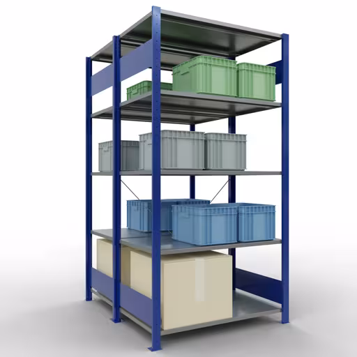 Produktbild Nr.13 des Artikels Grundregal, Doppelregal, Fachbodenregal Stecksystem MULTIplus150, 2000 x 1000 x (2x600) mm (HxBxT), 2x5 Fachböden, Kreuzstrebe, RAL 5010 enzianblau aus der Produktreihe Fachbodenregale von der Marke Schulte Lagertechnik