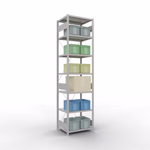 Grundregal, Fachbodenregal Stecksystem MULTIplus250, 3000 x 750 x 600 mm (HxBxT), 7 Fachböden, Kreuzstrebe, RAL 7035 lichtgrau von Schulte Lagertechnik mit der Artikelnr. 32862-75